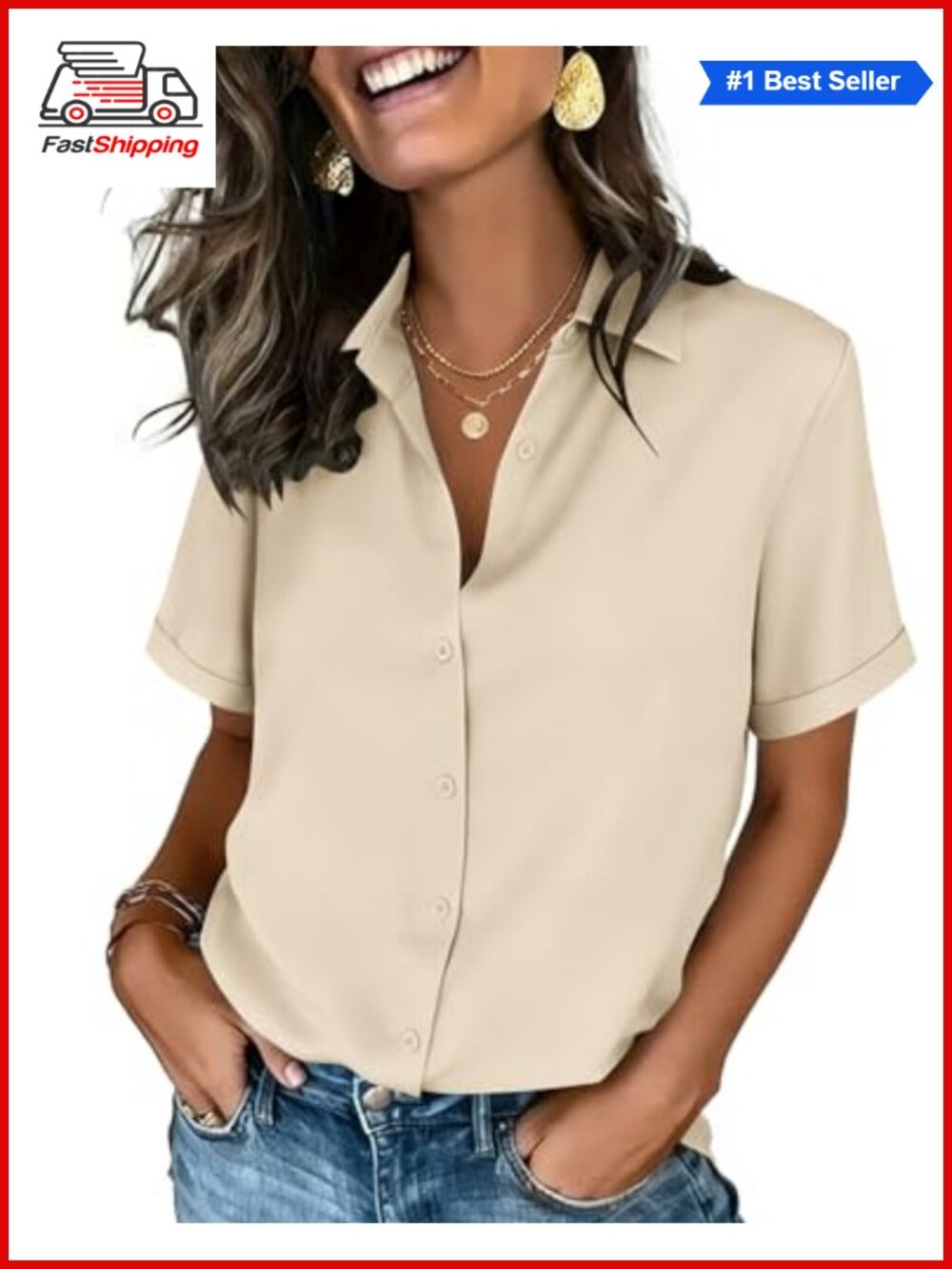 ✨ Zeagoo Women's Button Down Short Sleeve V-Neck Collared Blouse Top